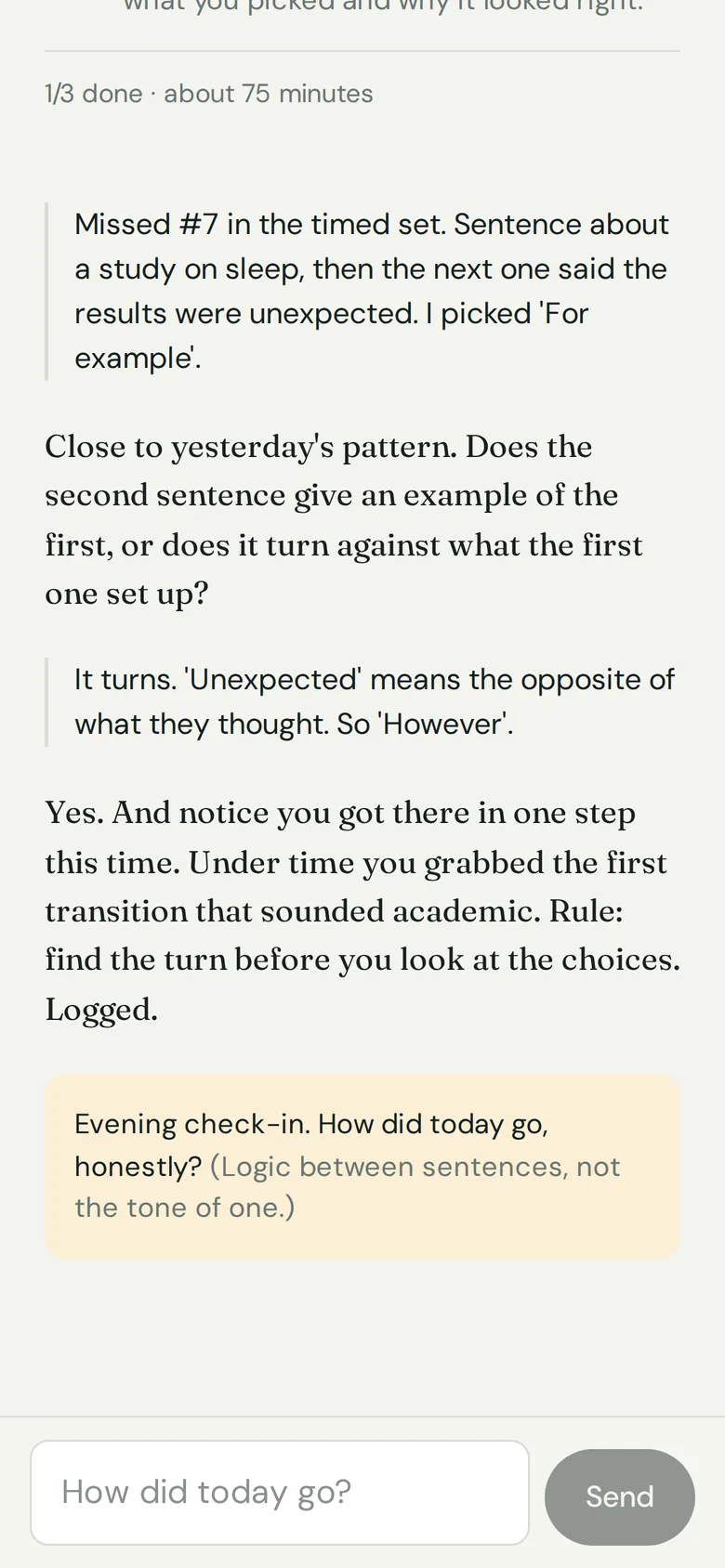 Coach thread: the student brings a missed transitions question and is guided to the answer in two exchanges